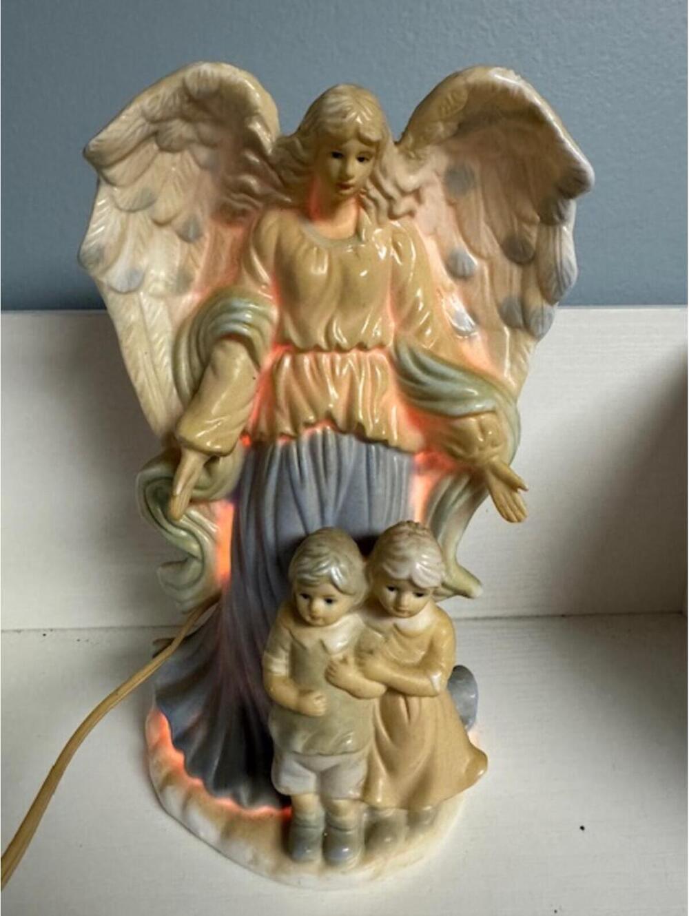 Vintage Ceramic Guardian Angel Lamp Nightlight Figurine Children Protecting